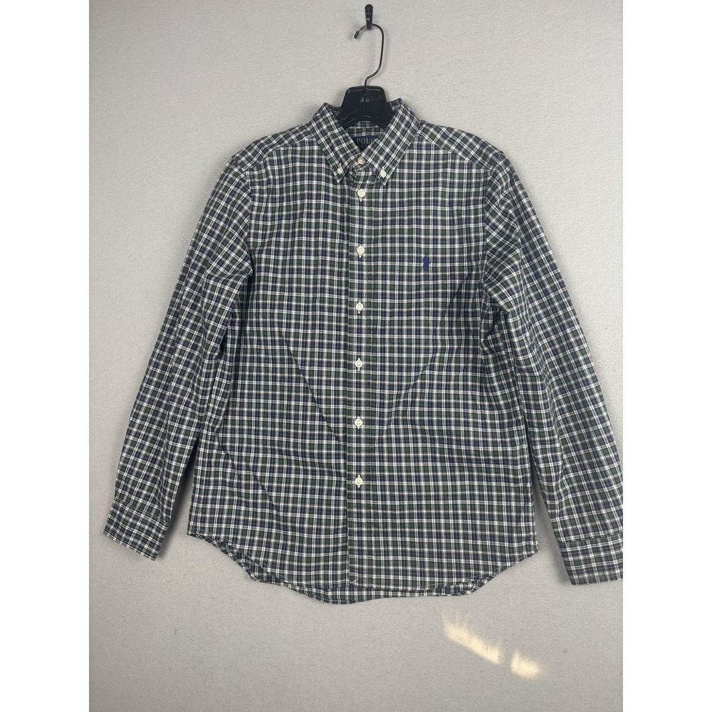Polo Ralph Lauren Shirt Boys Large 14-16 Blue Plaid Button Down Natural Stretch